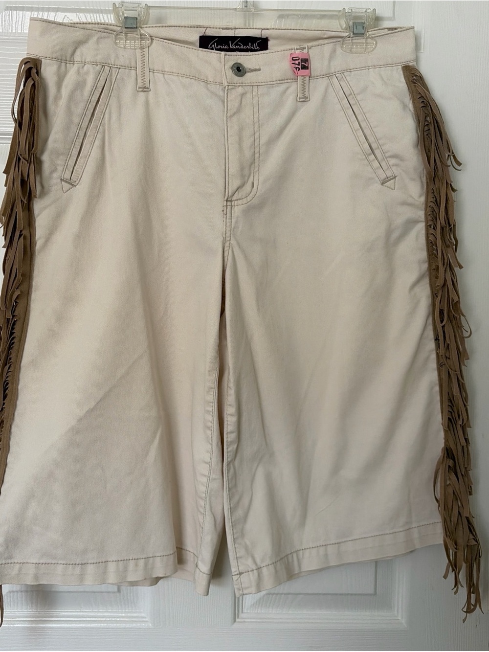 Cream Fringe-Trim Jeans Shorts